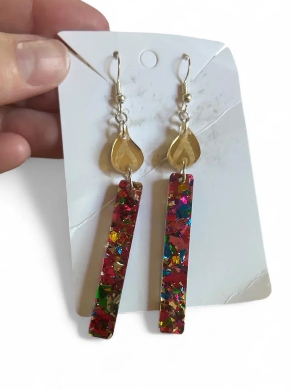 Gold Teardrop Multicolor Confetti Bar Dangle Earrings - Women Jewelry